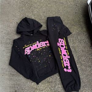 SIZE LARGE 🕸️SP5DER SET - BLACK P*NK V2 - BRAND NEW 🕸️AUTHENTIC ✅ SPIDER HOODIE